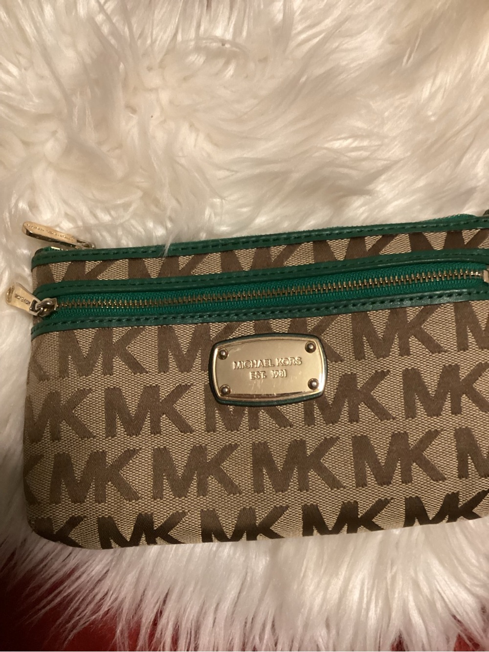 Michael Kors Brown Canvas Wristlet with Green Trim and Gold Hardware